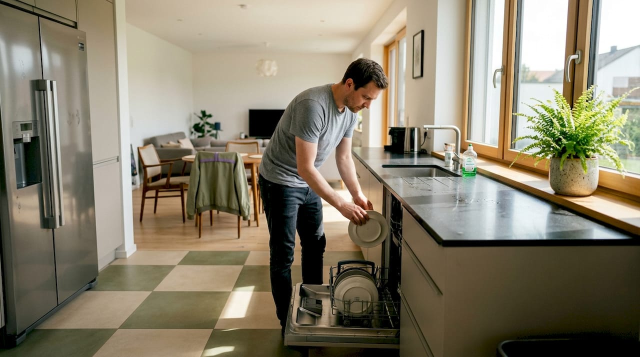 Offene Wohnküche mit modernen Fliesen in trendigem Beige-Oliv