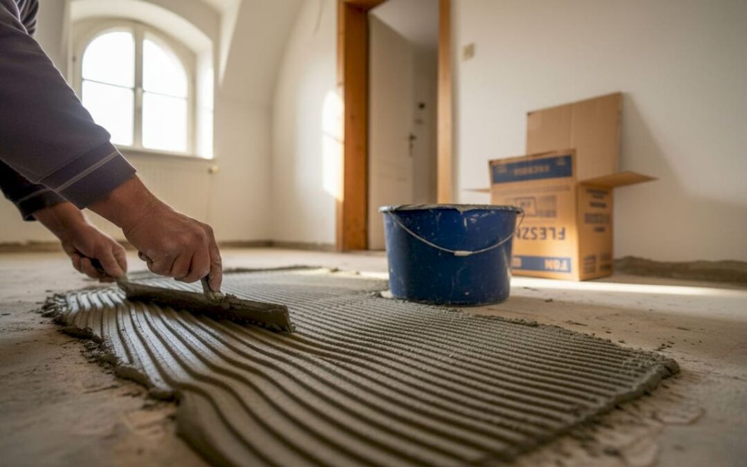 Im Badezimmer trägt ein Handwerker den Fliesenkleber gleichmäßig auf den Boden auf.