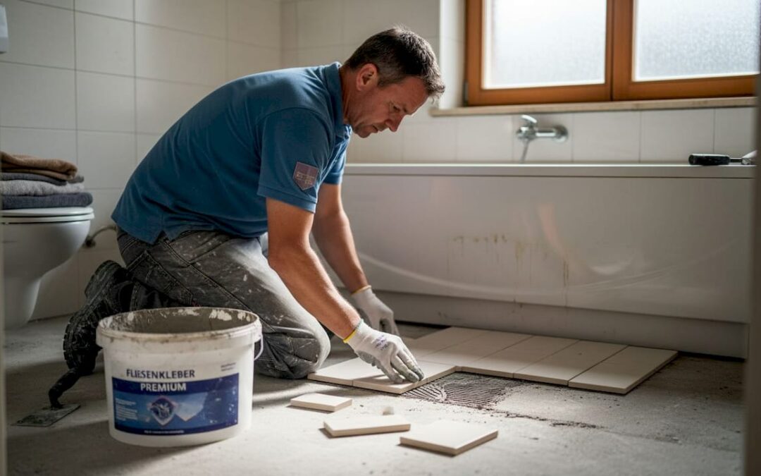 Ein Fliesenleger verlegt im Badezimmer neue Keramikfliesen.