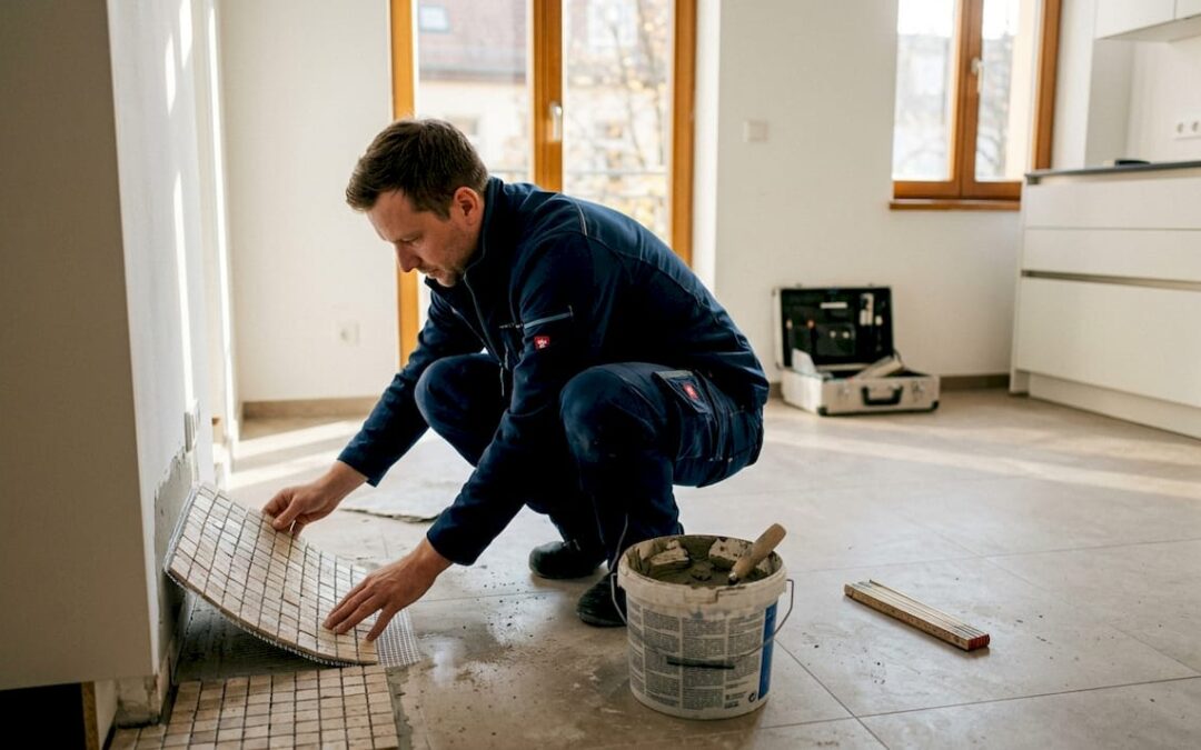 In einer lichtdurchfluteten Küche bringt ein Handwerker neue Mosaikfliesen fachgerecht an.