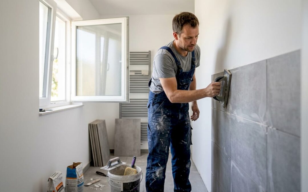 Im kleinen Badezimmer bringt der Handwerker fachmännisch neue Fliesen an.