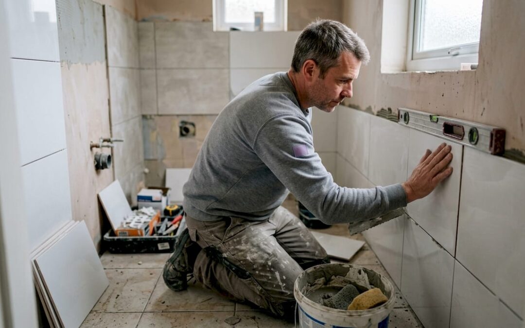 Ein Fliesenleger kniet vor der Wand und bringt sorgfältig eine neue Fliese an.