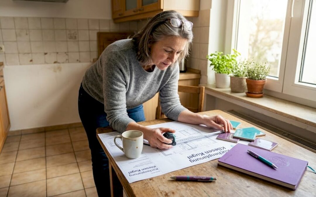 Eine Frau macht sich Gedanken über die Gestaltung ihrer Fliesen im Wohnbereich.