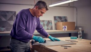 Ein Handwerker bereitet am Arbeitstisch eine Fliese mit verschiedenen Werkzeugen für den Einbau vor.