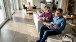 Im Wohnzimmer mit stilvollem Fliesen- und Natursteinboden genießt die Familie entspannte Stunden gemeinsam.