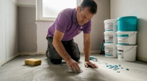 Ein Fliesenleger bereitet den Untergrund für den neuen Badezimmerboden vor.