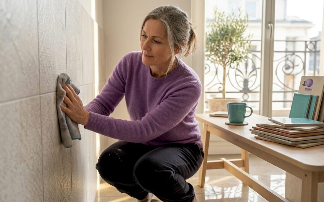 Eine Frau reinigt die Fliesenwand im Wohnzimmer.
