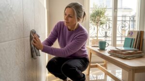 Eine Frau reinigt die Fliesenwand im Wohnzimmer.