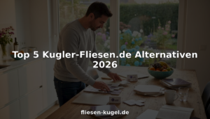 Ein Mann sitzt am Küchentisch und begutachtet verschiedene Fliesenmuster, um die passende Auswahl für seine Küche zu treffen.