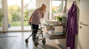 Eine Frau bewegt sich mithilfe eines Rollators sicher durch ein barrierefreies Badezimmer.