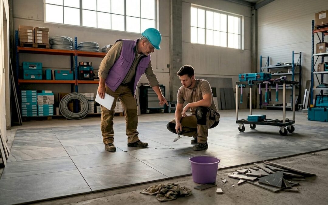 In einer Lagerhalle begutachten Bauleiter und Handwerker gemeinsam die verlegten Industriefliesen und prüfen deren Qualität.