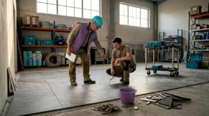 In einer Lagerhalle begutachten Bauleiter und Handwerker gemeinsam die verlegten Industriefliesen und prüfen deren Qualität.