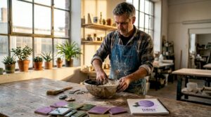 Ein Fliesenhersteller vermischt am Werktisch Ton und Mineralien, um die perfekte Grundlage für seine Arbeit zu schaffen.