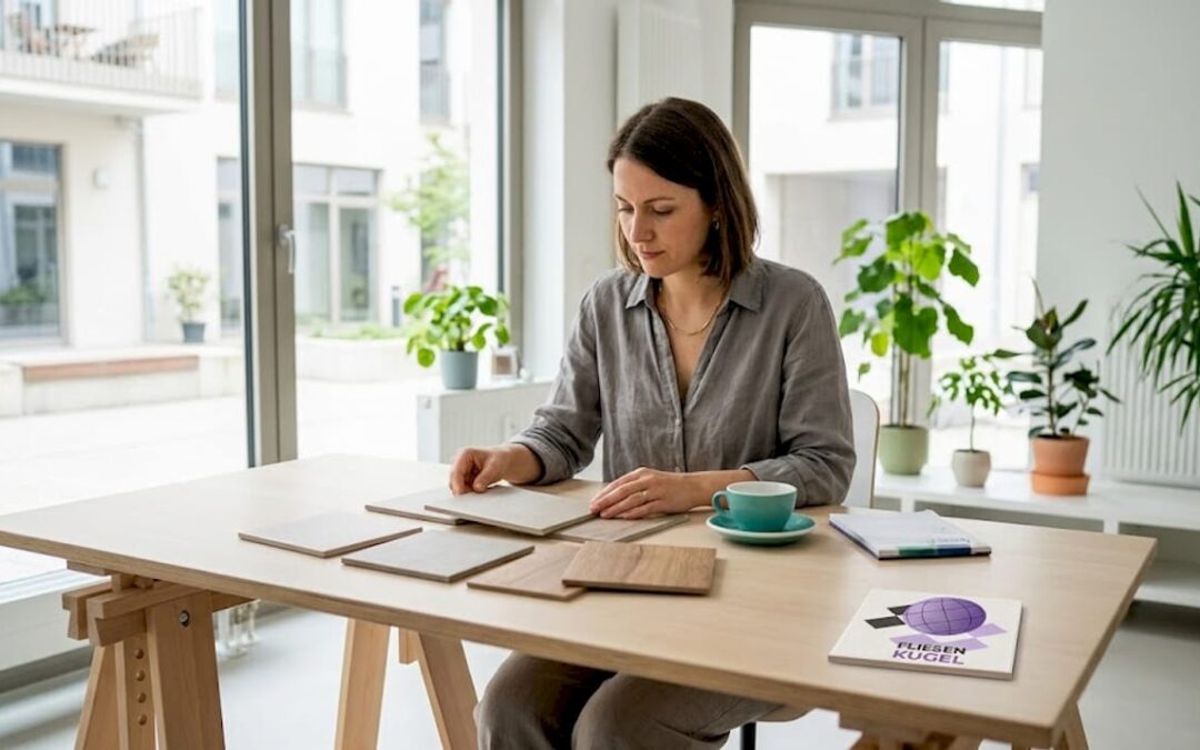 Eine Innenarchitektin nimmt verschiedene Industriefliesen unter die Lupe und bewertet deren Qualität und Design.