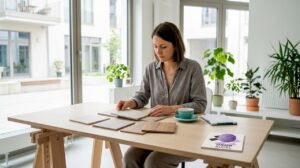 Eine Innenarchitektin nimmt verschiedene Industriefliesen unter die Lupe und bewertet deren Qualität und Design.