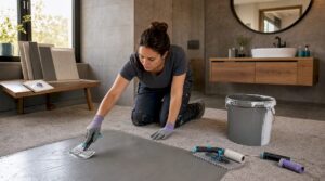 Im Badezimmer bringt die Fliesenlegerin fachgerecht die Abdichtung auf, damit später keine Feuchtigkeit eindringen kann.