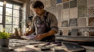 Ein Handwerksmeister prüft sorgfältig nachhaltige Fliesen aus Keramik.