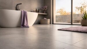 Ein Badezimmer im modernen Stil, gestaltet mit großzügigen, hellen Fliesen, schafft eine freundliche und elegante Atmosphäre.