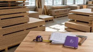 Ordentlich gestapelte Spanplatten im Lager für Holzwerkstoffe