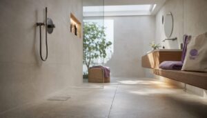 Das Badezimmer überzeugt mit einer ebenerdigen Dusche und stilvollen, modernen Fliesen.