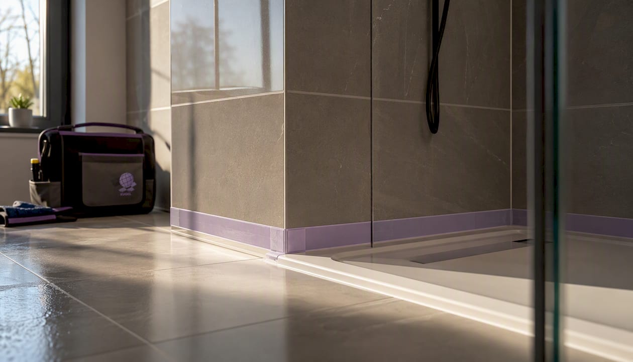 In der Ecke zwischen Wand und Boden der Dusche wurden Dichtbänder fachgerecht angebracht.