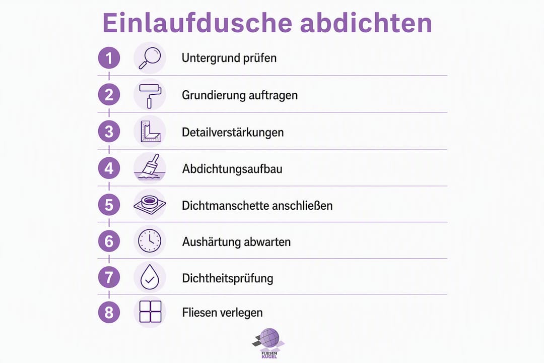 Schritt-für-Schritt-Anleitung: So dichten Sie Ihre bodengleiche Dusche richtig ab – anschaulich erklärt in einer Infografik.