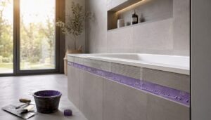 Zeitgemäßes Badezimmer mit fachgerechter Geruchssperre am Wannenrand für optimalen Wohnkomfort.