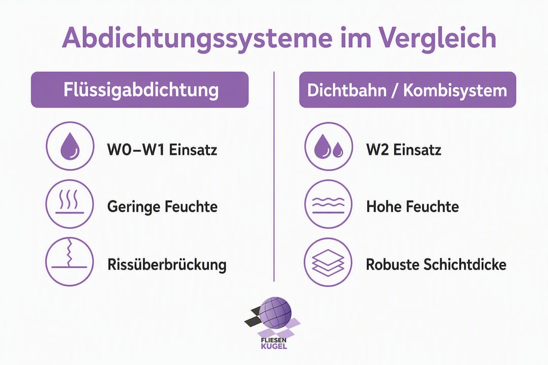 Infografik: Flüssigabdichtung oder Dichtbahn – welcher Schutz passt besser unter Fliesen?