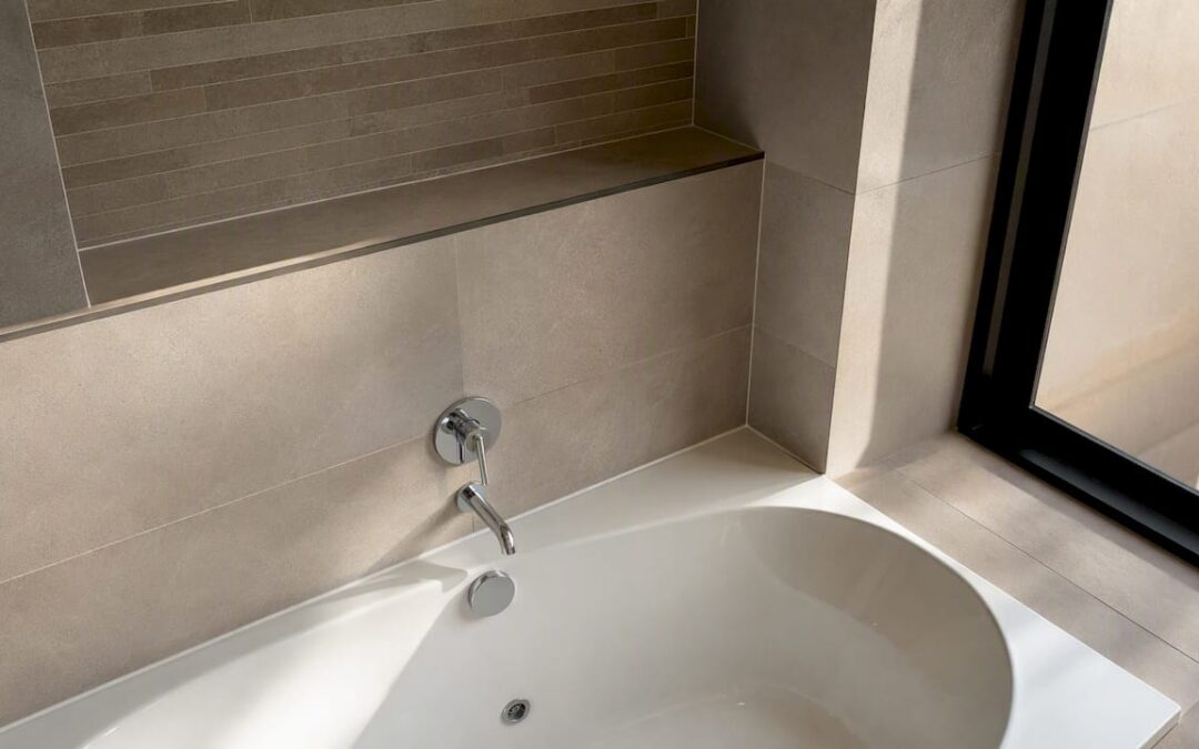 Badewanne mit neu gefliesten Wänden und fachgerechter Abdichtung