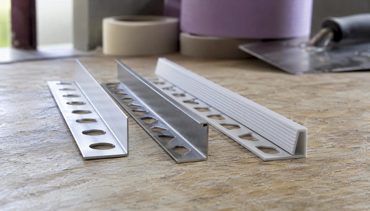 Detailaufnahme verschiedener Fliesenprofile aus unterschiedlichen Materialien