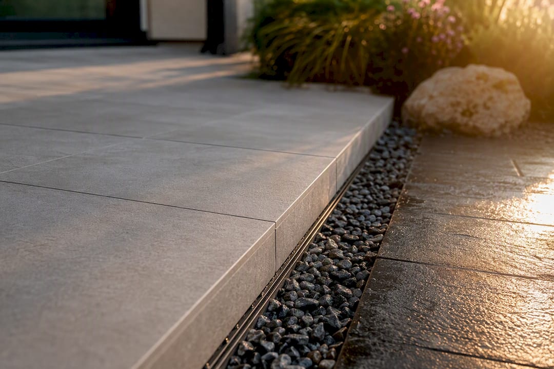 Nahaufnahme der Kante einer Terrassenfliese mit Ablaufdetail