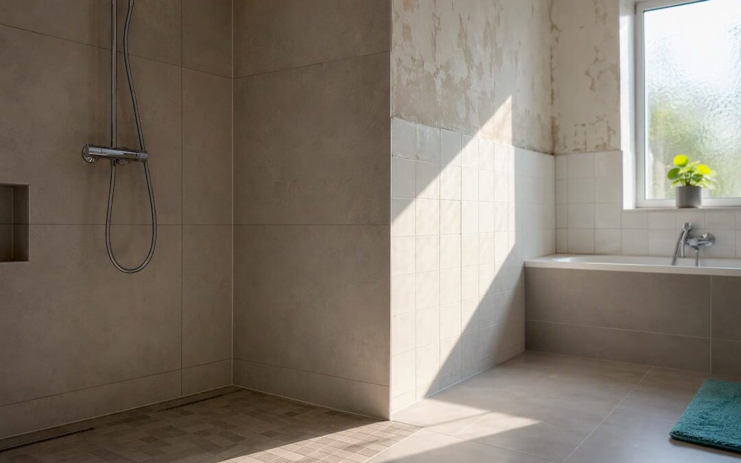 Teilrenoviertes Badezimmer mit neuen Fliesenflächen