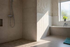 Teilrenoviertes Badezimmer mit neuen Fliesenflächen