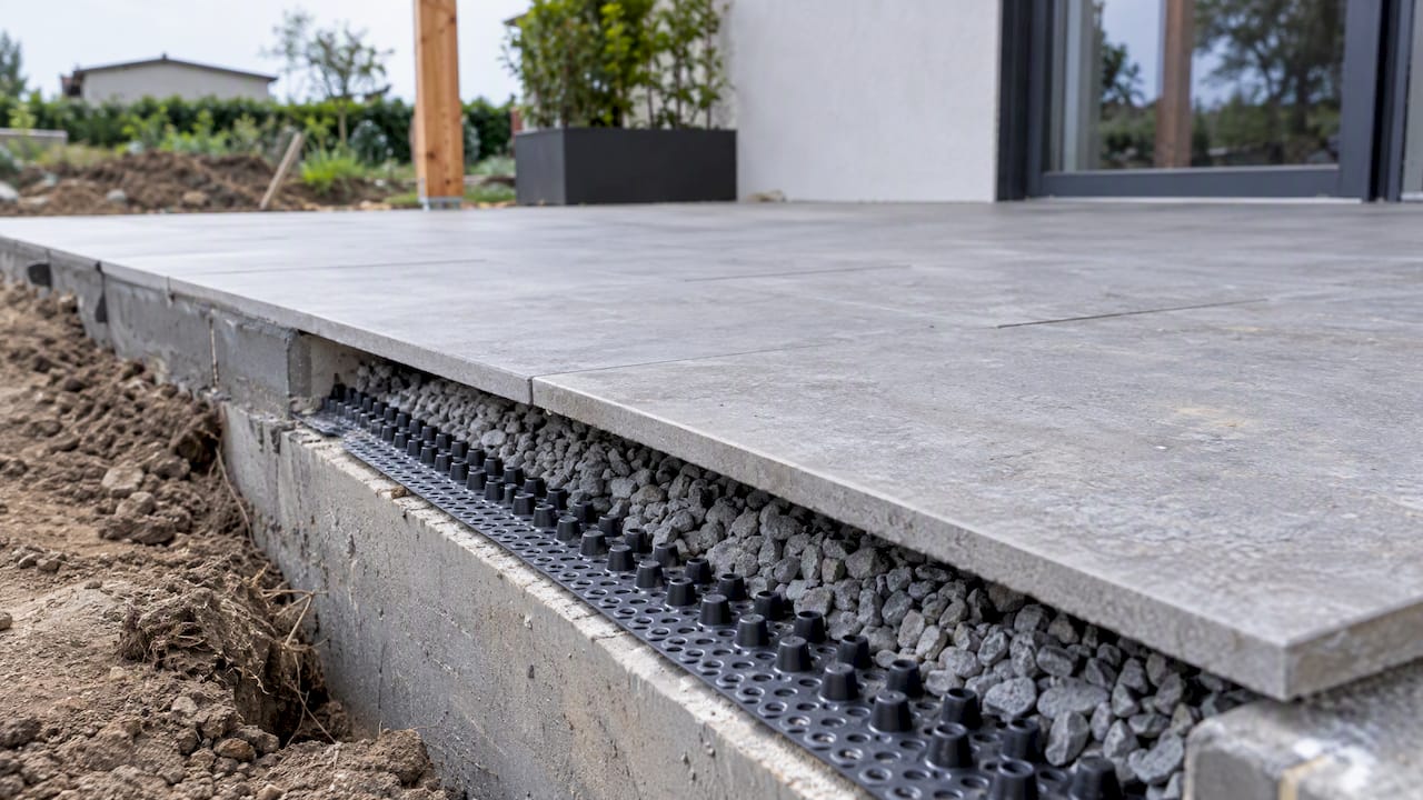 Drainageschicht unter einer Terrassenfläche sichtbar