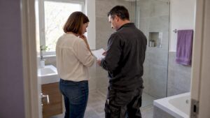 Hausbesitzer und Fliesenleger besprechen einen Kostenvoranschlag fürs Badezimmer