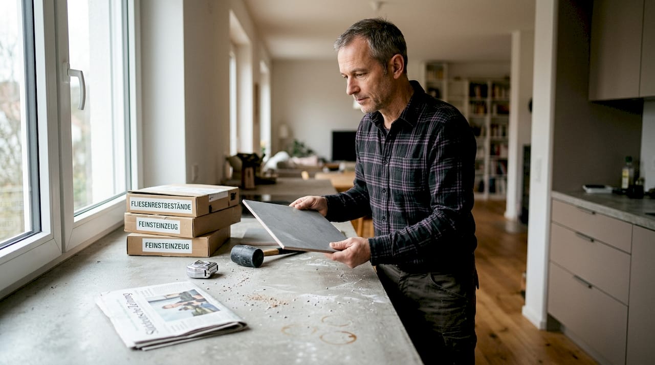 Ein Mann begutachtet die Fliesen auf der Küchenarbeitsplatte.
