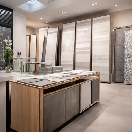 Ausstellungsraum von Fliesen Kugel mit verschiedenen Fliesenmustern und großformatigen Fliesen