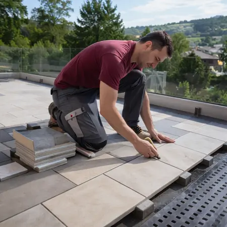 Fliesenleger bei der Verlegung von Terrassenfliesen im Außenbereich