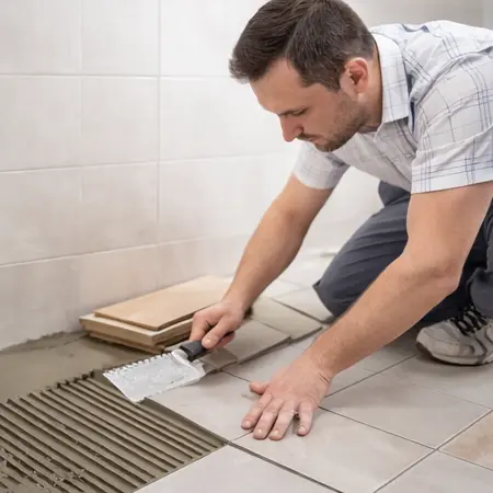 Fliesenleger bei der Verlegung von Bodenfliesen im Innenbereich