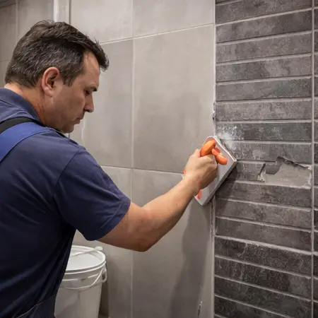 Handwerker bei Fliesenarbeiten im Rahmen einer Bad- oder Sanierungssituation